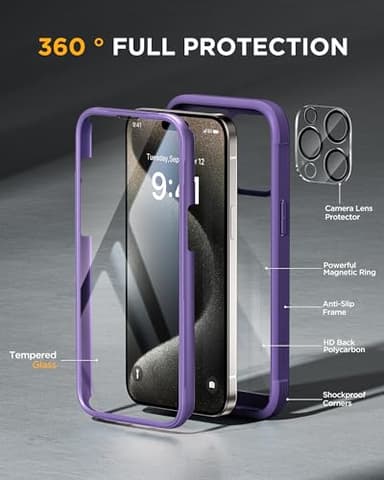 Miracase Glass Series for iPhone 15 Pro Max Case 6.7 Inch, Full-Body Drop Proof Phone Case for iPhone 15 Pro Max with Built-in 9H Tempered Glass Screen Protector + Camera Protector, Purple - Image 2
