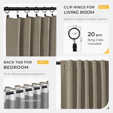 INOVADAY 100% Blackout Curtains for Bedroom, Black Out Curtains 90 Inch Long, Clip Rings Linen Blackout Drapes, Thermal Insulated Room Darkening for Living Room, 2 Panels - Fauxlinen,W50xL90 - Image 4