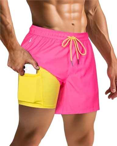 SURF CUZ Mens Swim Trunks with Compression Liner Mens Swimming Trunks 5 Inch Bathing Suit with Zipper Pockets Quick Dry Swim Shorts Pure Bright Pink Large - Image 4