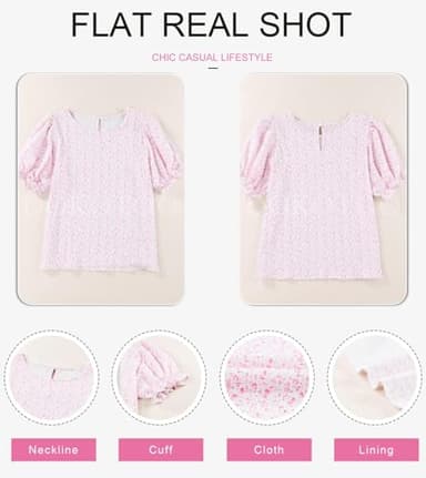 Dokotoo Womens Tops Summer Blouses and Tops Casual Floral Print Crewneck Flowy Smocked Puff Short Sleeve Shirt Stylish Loose Babydoll Blouse Elegant Solid Shirts Top for Teen Girls Juniors Medium Pink - Image 5