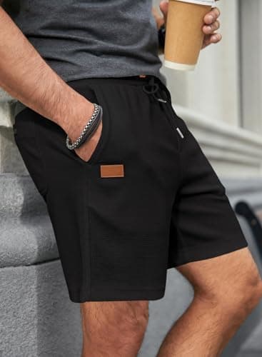 JMIERR Mens Gym Shorts Summer Casual Waffle Stretch Waist Drawstring Shorts Lightweight Basketball Running SweatShorts, L, Black - Image 7