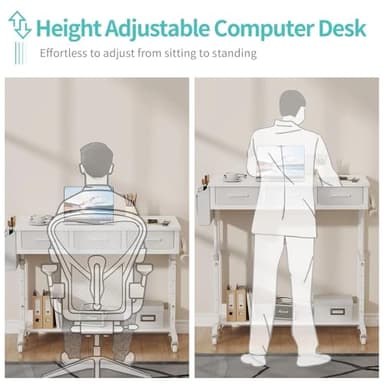 White Portable Rolling Computer Desk - 40 Inch Adjustable Mobile Standing Teacher Desks with 3 Fabric Drawers on Wheels, Couch Sofa Side Laptop Stand Up Table with Storage for Home Office, White - Image 7