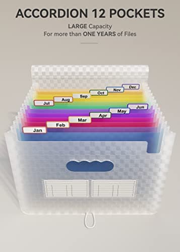 ABC life 12 Pockets Accordion File Organizer Expanding File Folders, Portable Monthly Bill Receipt Document Organizer, Expandable Accordian Filing Folder Letter A4 Size, Colored Tabs (Blue) - Image 2