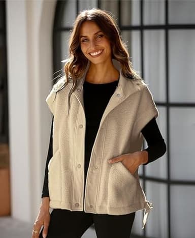 OPCAKM Women's Fuzzy Fleece Vest Oversized Sleeveless Sherpa Jacket Warm Button Down Gilet Outerwear with Pockets(Khaki-S) - Image 2