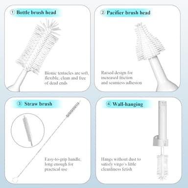 Electric Baby Bottle Brush, Rechargeable Cleaning Brush with Waterproof and Wall-Mounted Design, Silicone Bottle/Pacifier/Straw Brush, 360° Rotating Cleaning, for New Mom (White) - Image 3