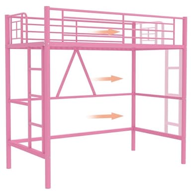 VECELO Loft Bed Twin Size, Metal Bedframe with Removable Ladder and Safety Guardrail, No Box Spring Needed, Space Saving, Noise Free, Pink - Image 7