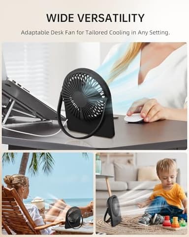 buywoo Portable USB Desk Mini FAN, USB-A Corded Powered Small Personal Fan, Foldable Office Desk Accessories for Home, Desktop, 3-speed Hangable Cruise Essentials with Strong Wind, Black - Image 7