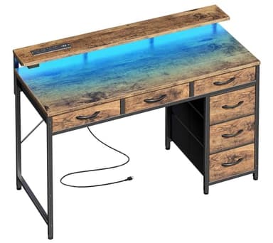 Huuger Gaming Desk with 6 Drawers, Computer Desk with LED Lights Power Outlets and Type-C, 39 Inch Office Desk with Storage, Monitor Stand, Writing Desk Work Desk Home Office, Study, Rustic Brown - Image 1