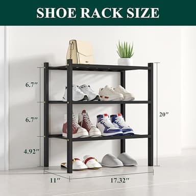 Smiry Shoe Rack, 3 Tier Small Bamboo Shoe Organizer, Stackable Free Standing Wooden Shoe Storage Shelf for Closet, Entryway, Front Door Entrance, Black - Image 4