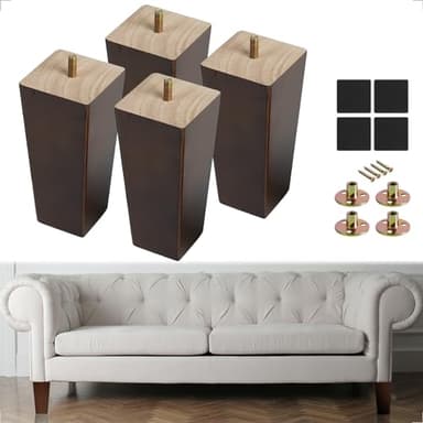 HAUSIST 6 Inch Wood Furniture Legs - Set of 4, Solid Wooden Square Couch Sofa Replacement Legs, Mid-Century Modern Feet for Coffee Table, Dresser, Ottoman, Bench, Armchair, Cabinet, Bed - Brown - Image 1