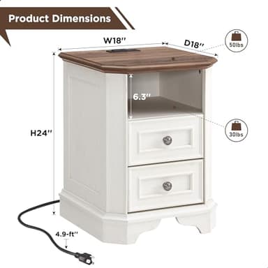 T4TREAM Farmhouse Nightstand with Charging Station, 18" End Table with 2 Drawers, Wood Side Table, Bedside Cabinet for Bedroom, Living Room (Antique White) - Image 2