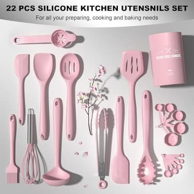 Umite Chef 22Pcs Silicone Cooking Utensils Set, Heat Resistant Silicone Kitchen Spatulas Set with Holder, Cooking Gadgets Tools Set for Nonstick Cookware, Dishwasher Safe(Pink) - Image 5