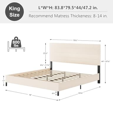 Furnihome King Size Bed Frame, Modern Upholstered Bed Frame King with Adjustable Linen Headboard, Wooden Slats Support Platform, No Box Spring Needed,Easy Assembly,Beige - Image 2