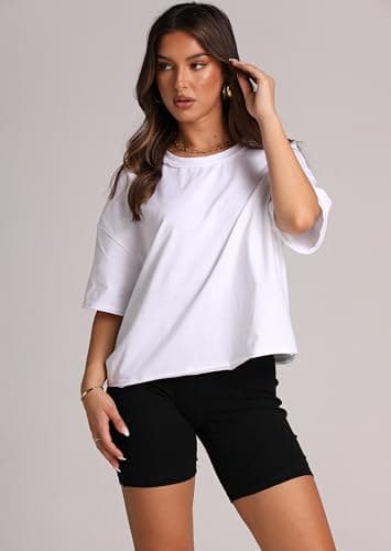White Crop Tops Women's Summer Short Sleeve Drop Shoulder Cotton T-Shirts Workout Oversized Tops M - Image 2