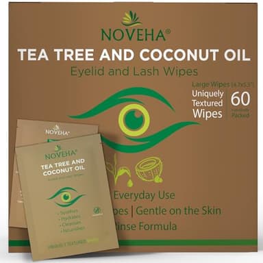 NOVEHA 60PCs Tea Tree & Coconut Oil Eyelid & Lash Wipes - For Demodex, Blepharitis & Itchy Eyes, Individually Wrapped Eyelash Wipes With Aloe Vera, Natural Makeup Remover & Daily Eye Cleanser - Image 1