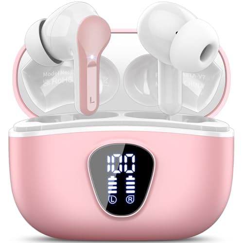 Wireless Earbuds, Bluetooth 5.4 Headphones HiFi Stereo, Bluetooth Earbuds with ENC Noise Cancelling Mic, IP7 Waterproof in Ear Earphones, 48H, LED Display Ear buds for Pad Phone Workout Sports, Pink - Image 1