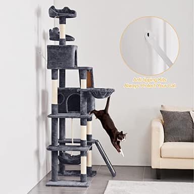Yaheetech Cat Tree, 82.5in Large Tower w/Hammock, 2 Kitty-Ear Perches, 2 Cozy Condos, Scratching Posts, Basket, Furniture for Large Cats, Kittens, Dark Gray - Image 9