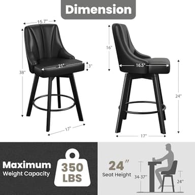 YaFiti Swivel Bar Stools with Backs, 24" Counter Height Bar Stools Set of 6, PU Leather Upholstered Counter Barstools with Solid Wood Legs for Kitchen Island, Home Bar, Black - Image 2