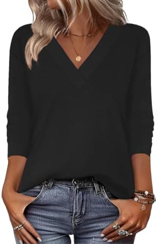 Zeagoo Womens Black Long Sleeve Tops Loose Fit V Neck Shirts Oversize Tshirts Summer Fall Trendy Clothes - Image 1