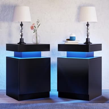 oneinmil Nightstand Set of 2 with LED Lights,Night Stand with Storage Cabinet for Bedroom,Bedside Table with LED, Black - Image 1