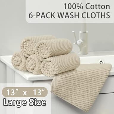 Cotton Washcloths - 6PC 13"x13" | Quick Dry | Soft | Light Weight | Absorbent | Hotel Quality, Luxury Wash Cloths for Body, Hand Towels for Bathroom & Showering, Towel Gift Set, Beige | Tan - Image 3