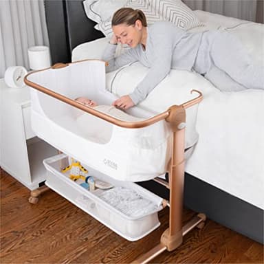 KoolerThings Baby Bassinet, Bedside Sleeper for Baby, Easy Folding Portable Crib with Storage Basket for Newborn, Bedside Bassinet, Comfy Mattress/Travel Bag Included (Bassinet) (White & Gold) - Image 1