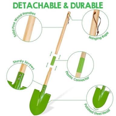Amtreen Kids Gardening Tools Set - 6PCS Detachable Garden Tool Kit with Gloves, Shovel, Rake, Hoe, Leaf Rake & Spray Bottle - Wooden Handles with Hanging Hole, Perfect Outdoor Toy Gift for Ages 3-5 - Image 5