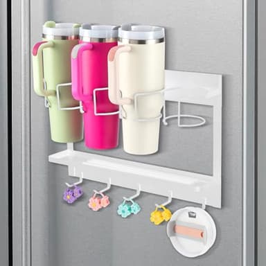 CINPIUK Water Bottle Organizer Holder, Magnetic Mug Hook Storage for Stanley & Large Tumbler, Space Saving Wall Mount Mug Organizer with 5 Hook, Easy to Install, White - Image 2