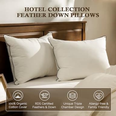 BPC Goose Feather Down Pillows Queen Size, with 100% Organic Cotton Cover - Luxury 3-Chamber Design for Medium Firm Support & Cloud-Like Comfort, Set of 2 Bed Pillows for Sleeping, 20x30 Inches - Image 6