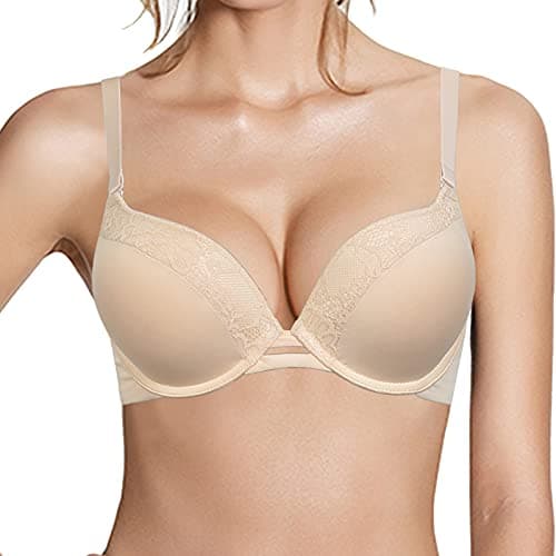 Pushlus Push Up Thick Padded Plunge Underwire T Shirt Lace Bra Lift Support for Women Add One Cup 38D Nude - Image 1