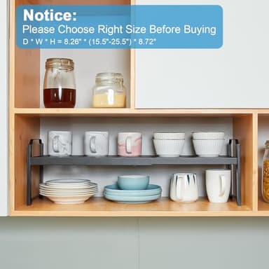 25.5 Inches 2 Pack Expandable Cabinet Shelves, Stackable Shelf Organizer for Kitchen Cabinet Countertop Storage, Adjustable Counter Cupboard Pantry Organizer Shelf Rack Stand Riser, Black - Image 5