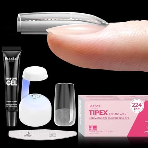 Beetles Tipex Nail Kit, Square Medium Nail Tips 224 Pcs 16 Sizes Pre-Etched Fake Nails with Tipex Nail Glue Mini Nail Lamp - Thick Acrylic Nail Set Pre-Builder Gel Press-on Nails - Image 1