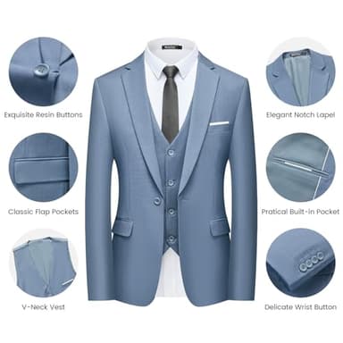 WULFUL Men’s Slim Fit Suit One Button 3-Piece Blazer Dress Business Wedding Party Jacket Vest & Pant - Image 5