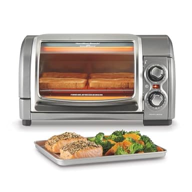 Hamilton Beach Easy Reach 4-Slice Countertop Toaster Oven With Roll-Top Door, 1200 Watts, Fits 9” Pizza, 3 Cooking Functions for Bake, Broil and Toast, Silver (31344DA) - Image 1