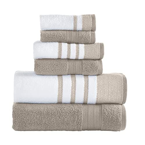 Modern Threads 6 Piece Set, 2 Bath Towels, 2 Hand Towels, 2 Washcloths, Quick Dry White/Contrast Reinhart Tan - Image 1