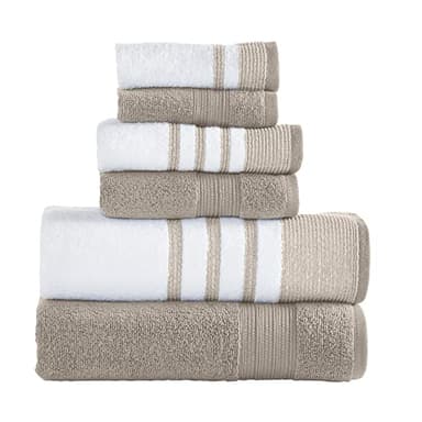 Modern Threads 6 Piece Set, 2 Bath Towels, 2 Hand Towels, 2 Washcloths, Quick Dry White/Contrast Reinhart Tan - Image 1