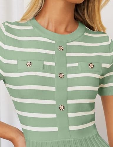 ZESICA Women's 2025 Casual Striped Midi Dress Crewneck Short Sleeve Button Ribbed Knit Swing Pleated A Line Dresses,Light Green,Large - Image 5