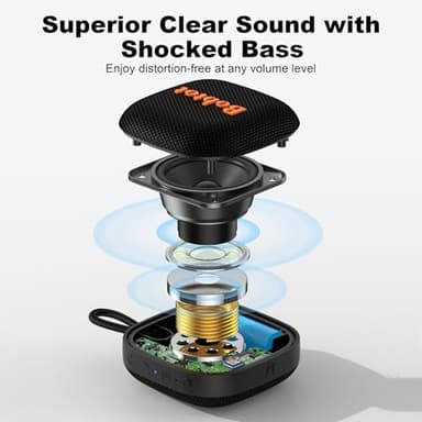 Bobtot Portable Bluetooth Speakers, Wireless IPX7 Waterproof Mini Speaker with 16H Playtime, Loud Stereo Sound, TWS, Built-in Microphone, Small Size with Lanyard, Black - Image 2