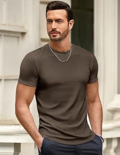 JMIERR Mens Short Sleeve T Shirt Muscle Slim Fitted Henley Shirt Crewneck Longline Tees Shirts for Gym Workout Athletic, US 46(XL), Brown - Image 3
