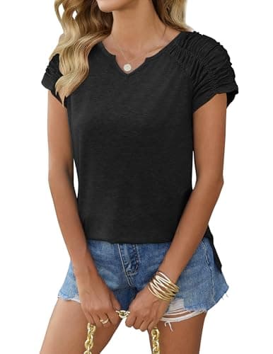 Zeagoo Summer Tops for Women 2025 V Neck T Shirts Short Sleeve Tops Dressy Casual Shirts Side Split Black L - Image 1