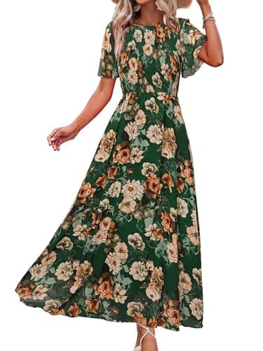 Simplee Womens Spring Floral Maxi Wedding Guest Dress Bohemian Short Sleeve Loose Sundress Lightweight Flowy Prom Vacation Dress(Green XL) - Image 1