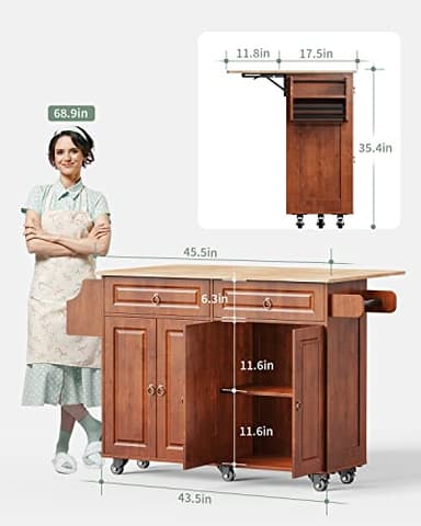 Qsun Kitchen Island with Drop Leaf and Storage, on Wheels Two Drawers, Large Storage Cabinet, Towel Rack Spice Cart Brown - Image 2