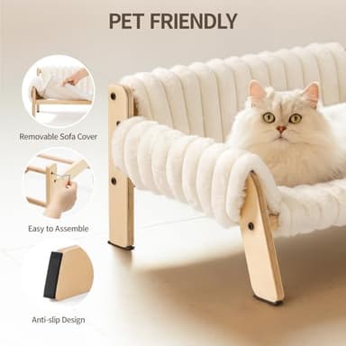 MEWOOFUN Cat Couch Bed, Pet Sofa for Indoor Cats Wooden Indoor Elevated Cat Beds with Removable Mattress Cover Suitable for Kitty, Puppy or Small Animal (Cream, Medium) - Image 7