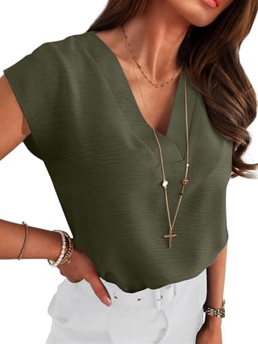 ANRABESS Women Tops Cap Sleeve Textured Dressy Casual V Neck Shirts 2025 Summer Business Work Blouses Outfits Army Green Medium - Image 1