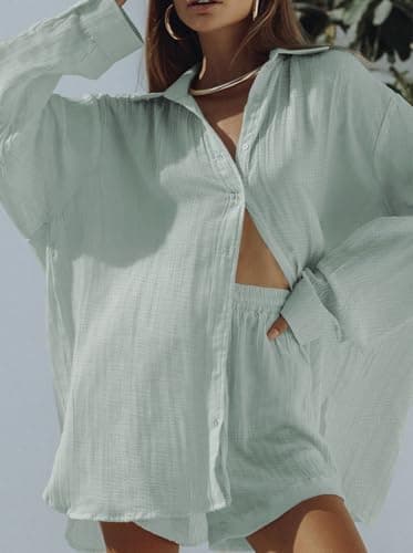 Fixmatti Button Down Lounge Sets for Women Long Sleeve 2 Piece Outfits Oversized Shirt Mini Shorts Crab Green M - Image 5
