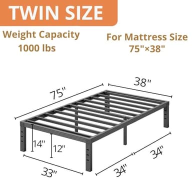 ZIYOO Twin Bed Frames with Heavy Duty Steel Slat, 14 Inches Platform Bed Frame, Non-Slip Design, No Box Spring Needed, Easy Assembly, Quiet Noise Free, Under Bed Storage Space, Black - Image 3