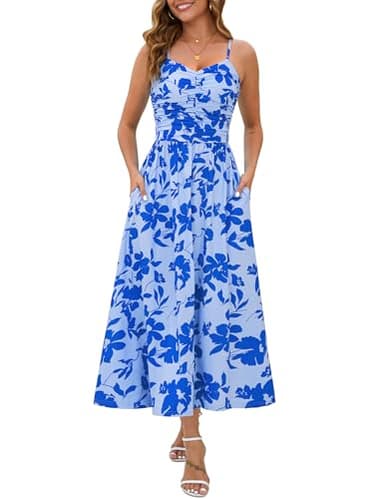 Annebouti Summer Spring Maxi Sundresses for Women 2025 Casual Boho Sleeveless Open Back Flowy Floral Graduation Hawaiian Beach Wedding Guest Flowy Long Dress Blue Floral M - Image 1