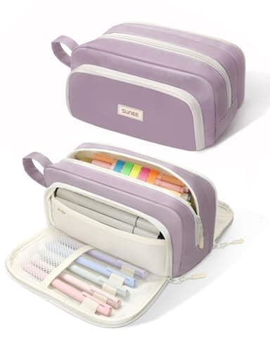 SUNEE Cute Pencil Case, Aesthetic Pen Pouch with 3 Compartments, Kawaii Colored Large Pencil Bag with Zipper, Stationery Storage and Organizer, Purple School Supplies for Teen and Adult Girls - Image 1