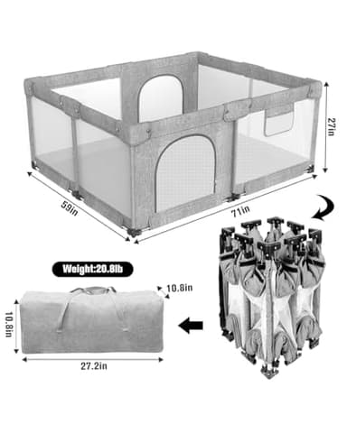 Foldable Baby Playpen with Gate, Extra Large Collapsible Play Yard for Babies & Toddlers, Portable Travel Playpen, Baby Activity Center for Indoor & Outdoor Use (Gray 59"×71") - Image 2