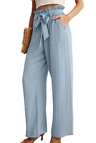 IWOLLENCE Women's Wide Leg Pants with Pockets High Waist Adjustable Knot Loose Casual Trousers Business Work Casual Pants Haze Blue Small - Image 2